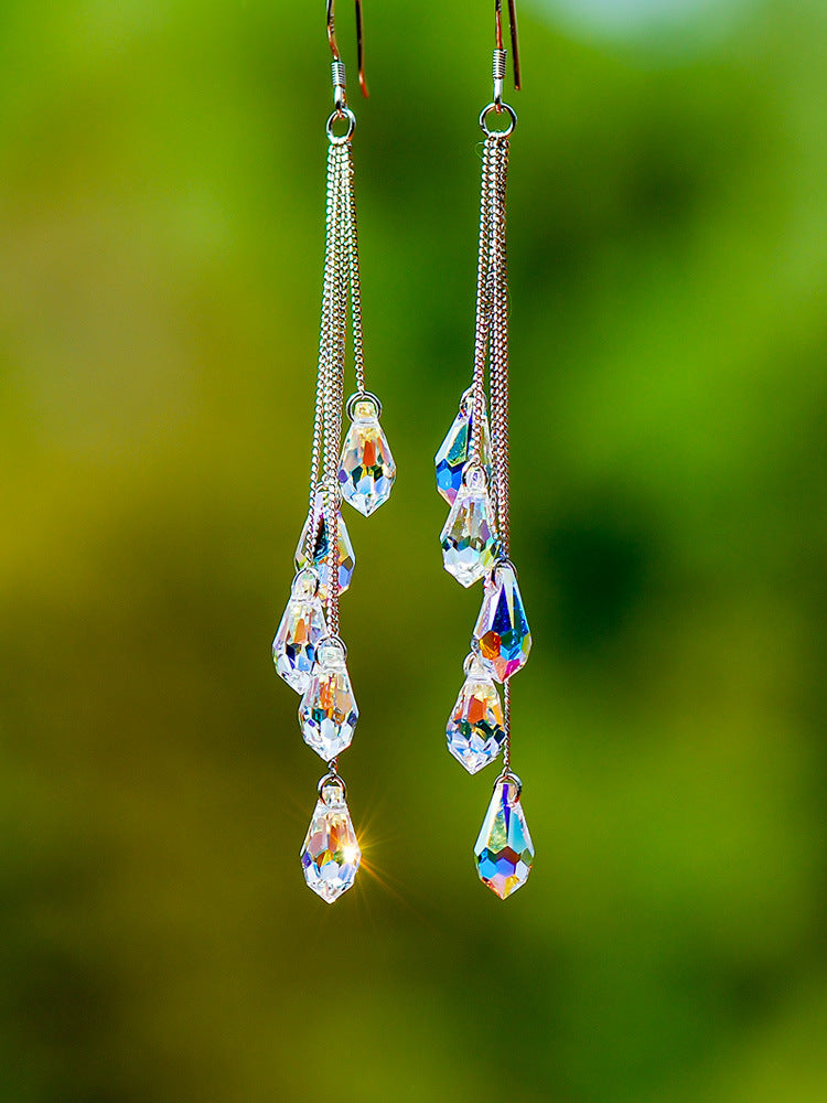 Wholesale 925 Silver Long Crystal Water Drop Tassel Earrings